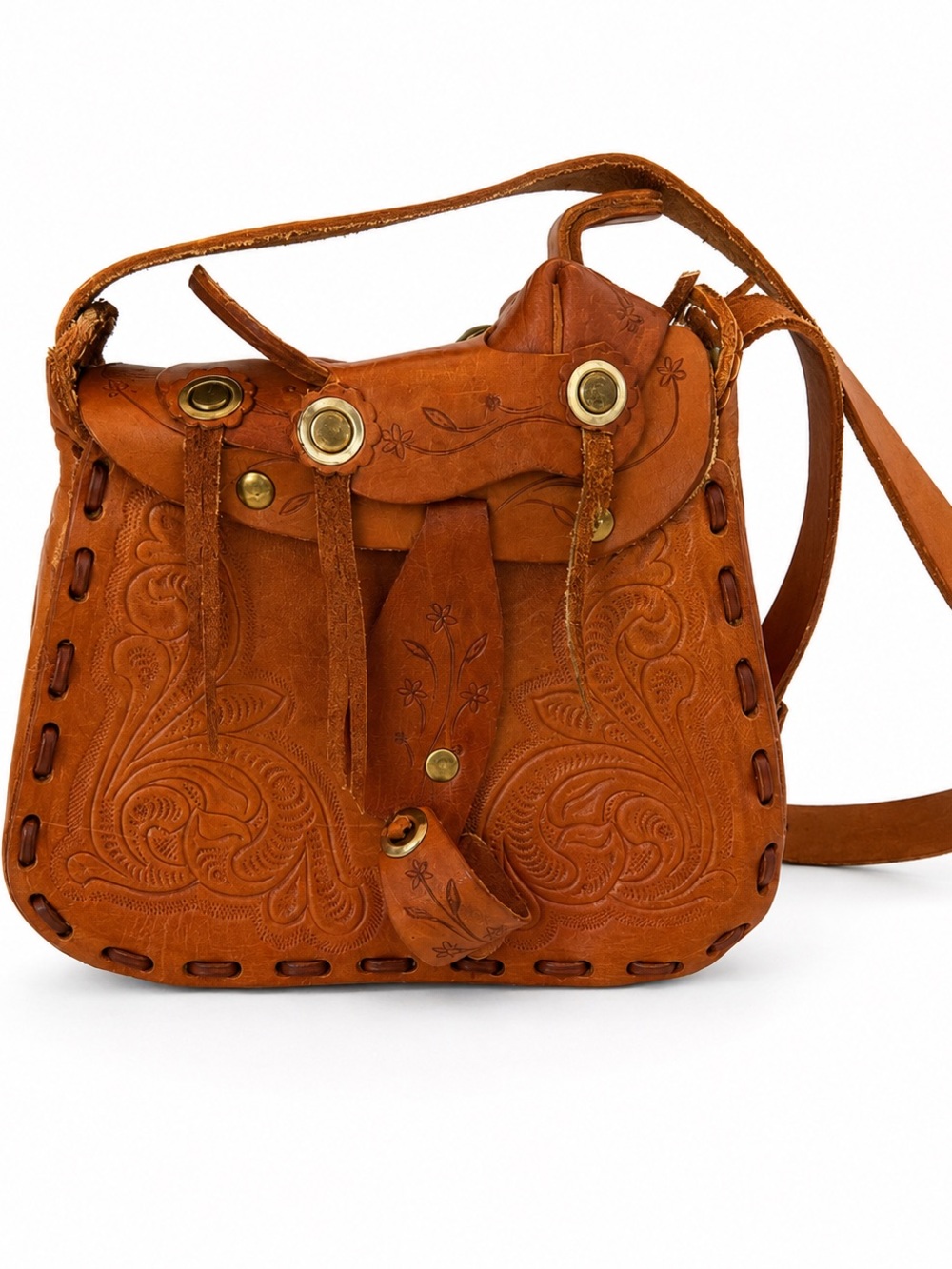 Vintage 60/70s Mexican Tooled Leather Horse Saddle Crossbody Purse Western